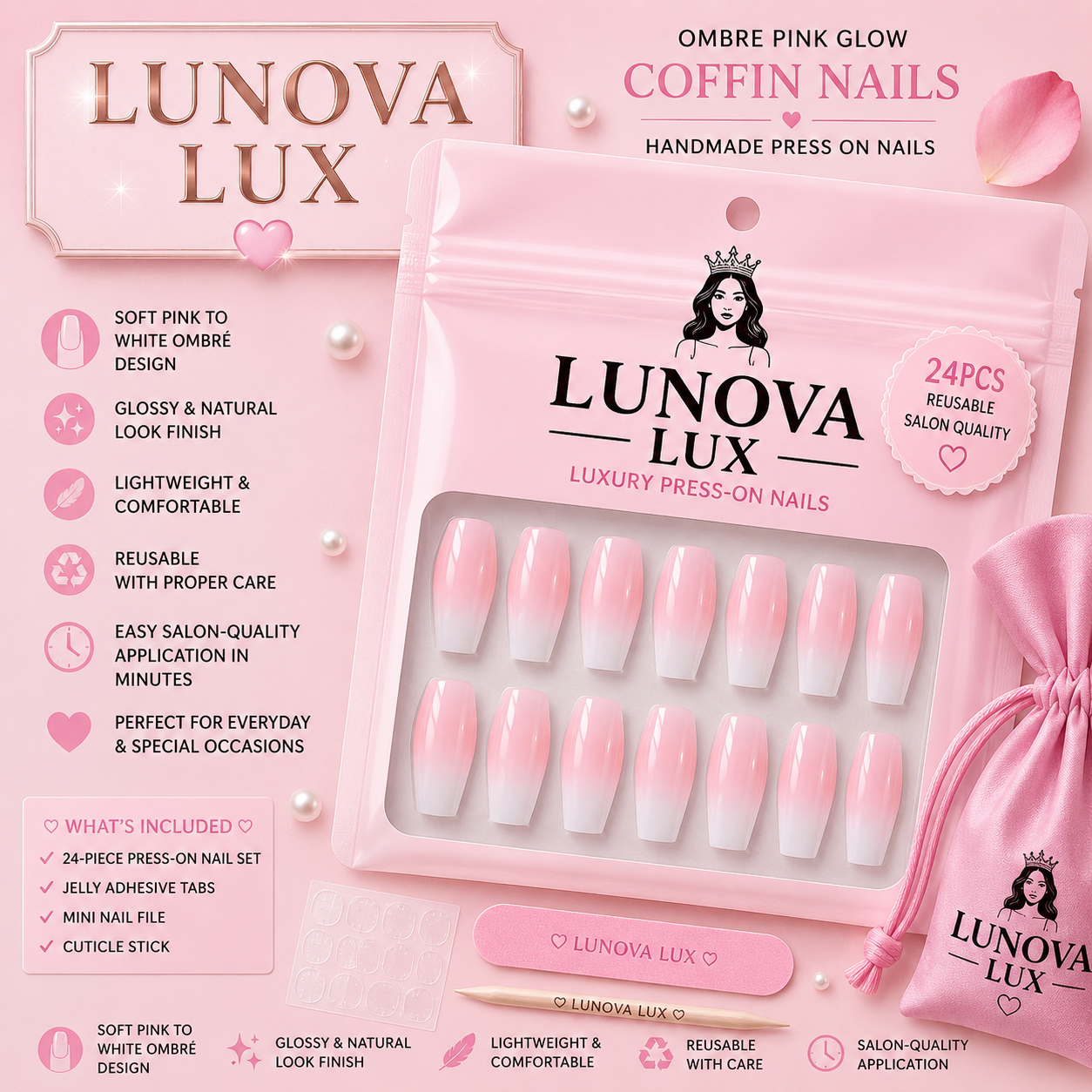 Pink Moon Star Coffin Nails