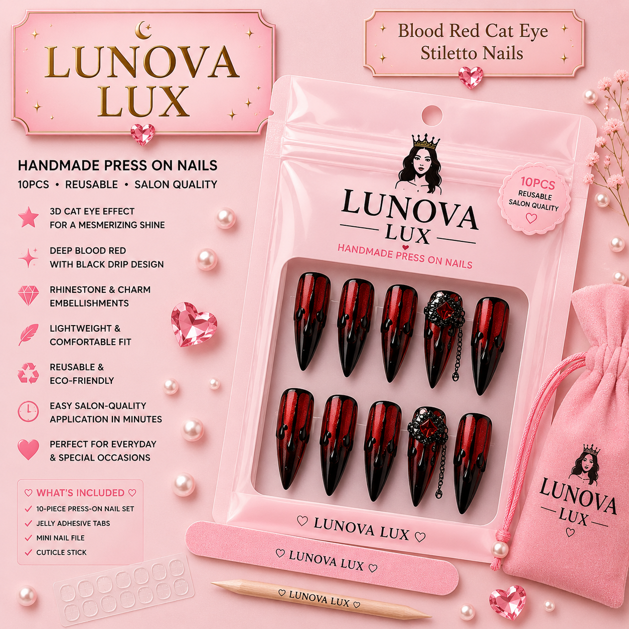 Blood Red Cat Eye Stiletto Nails