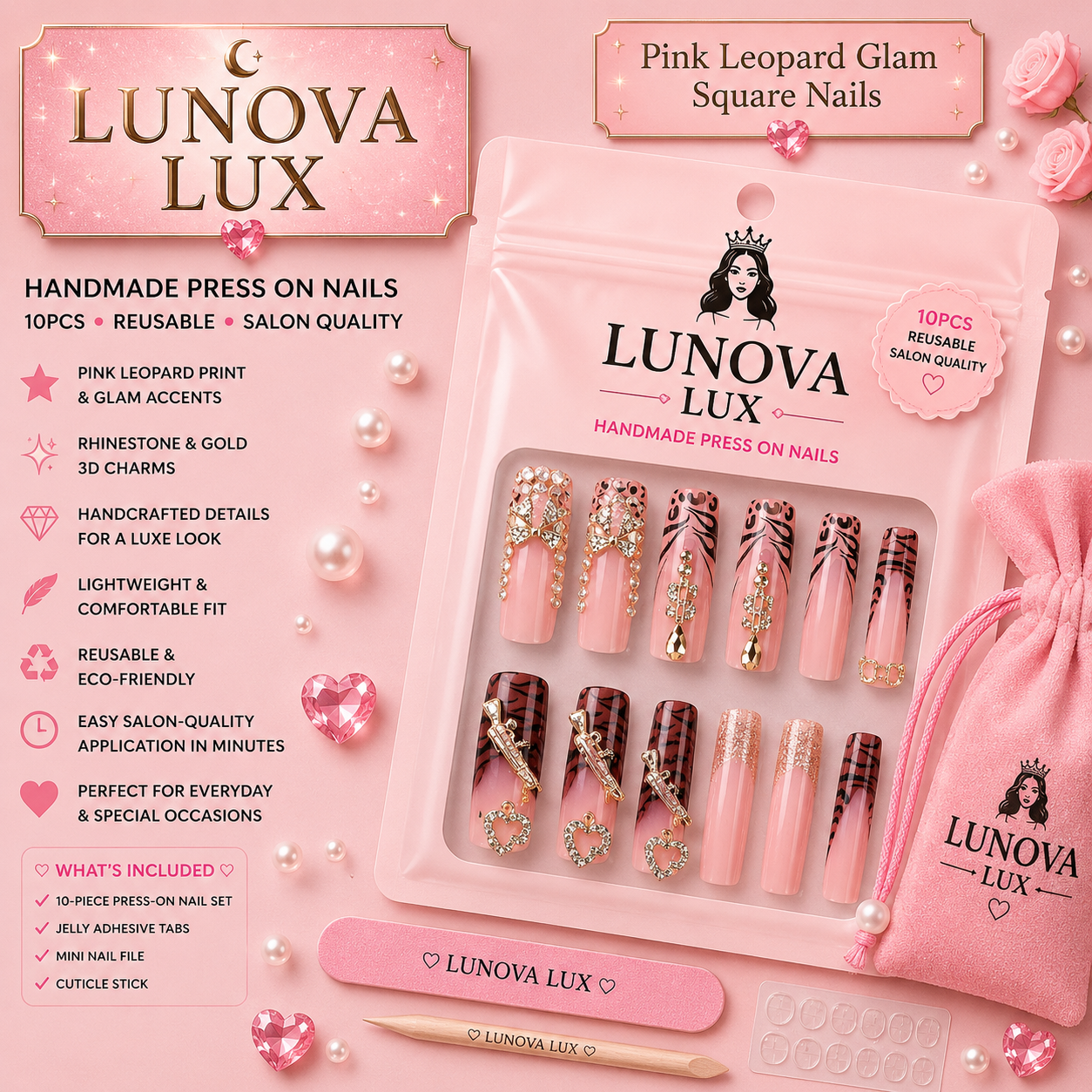 Pink Leopard Glam Square Nails