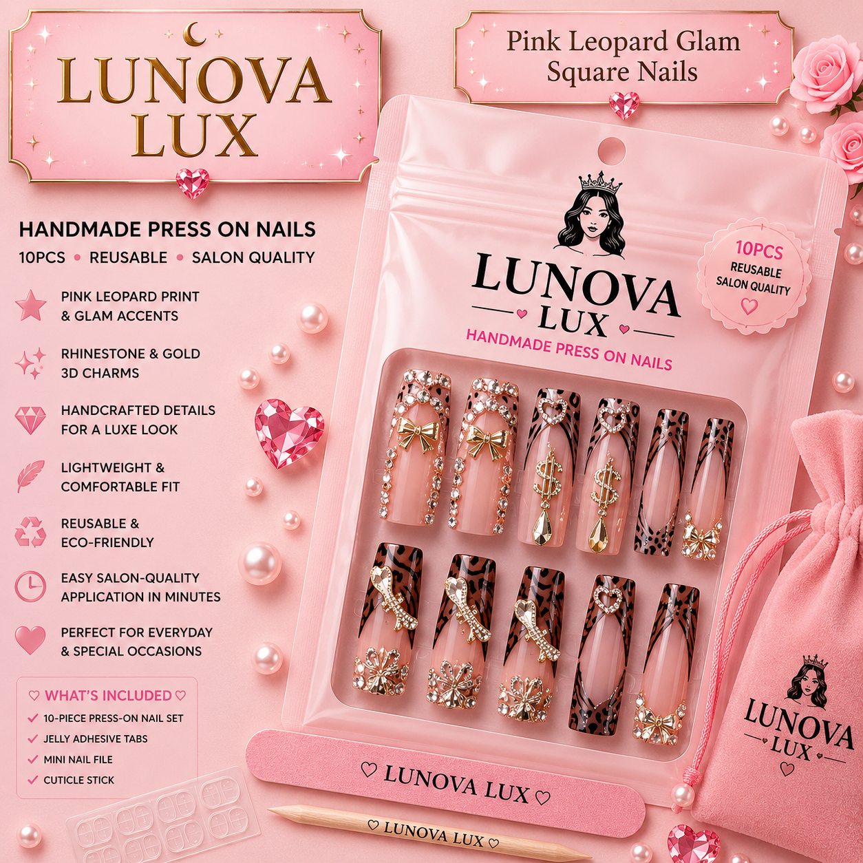 Pink Leopard Glam Square Nails