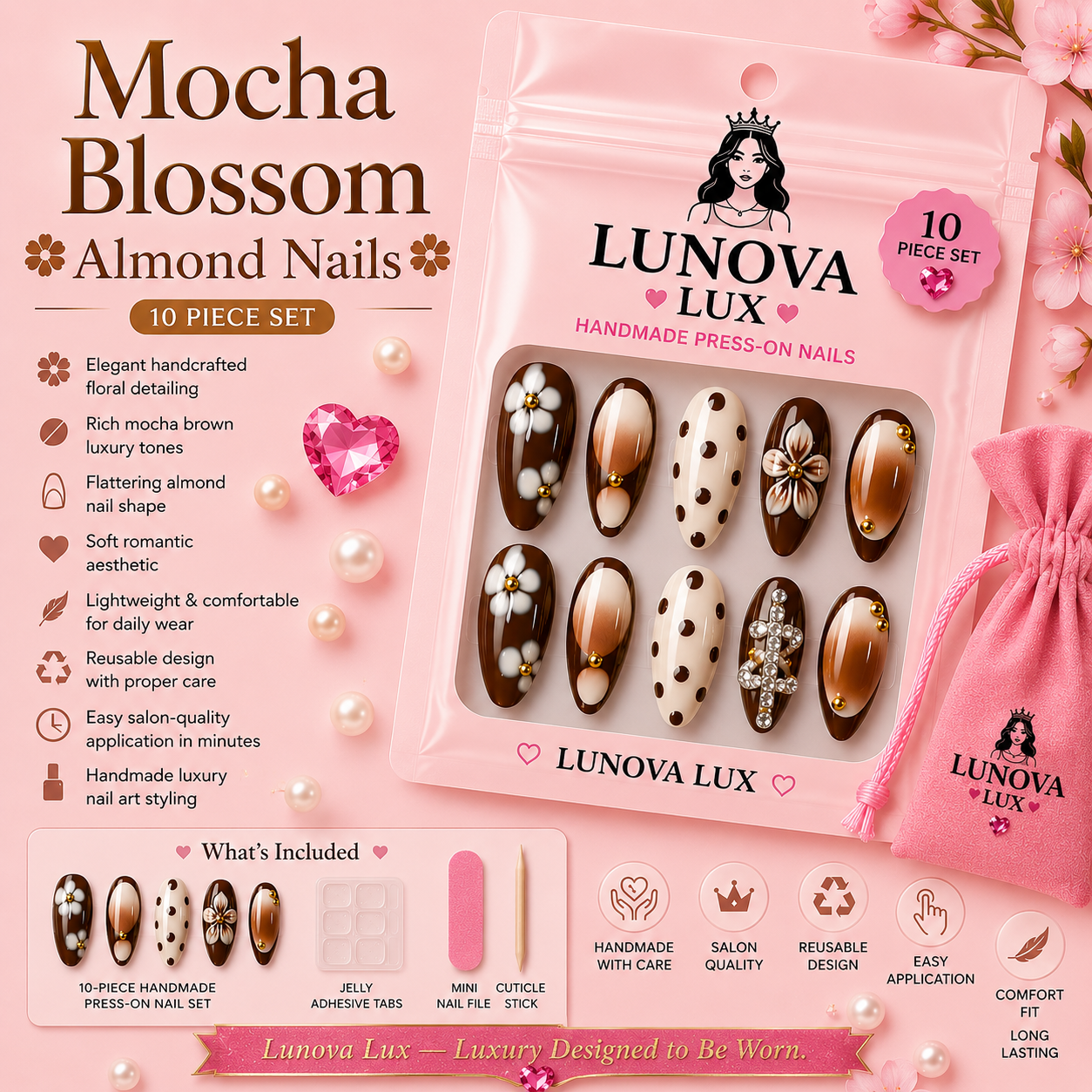 Mocha Blossom Almond Nails