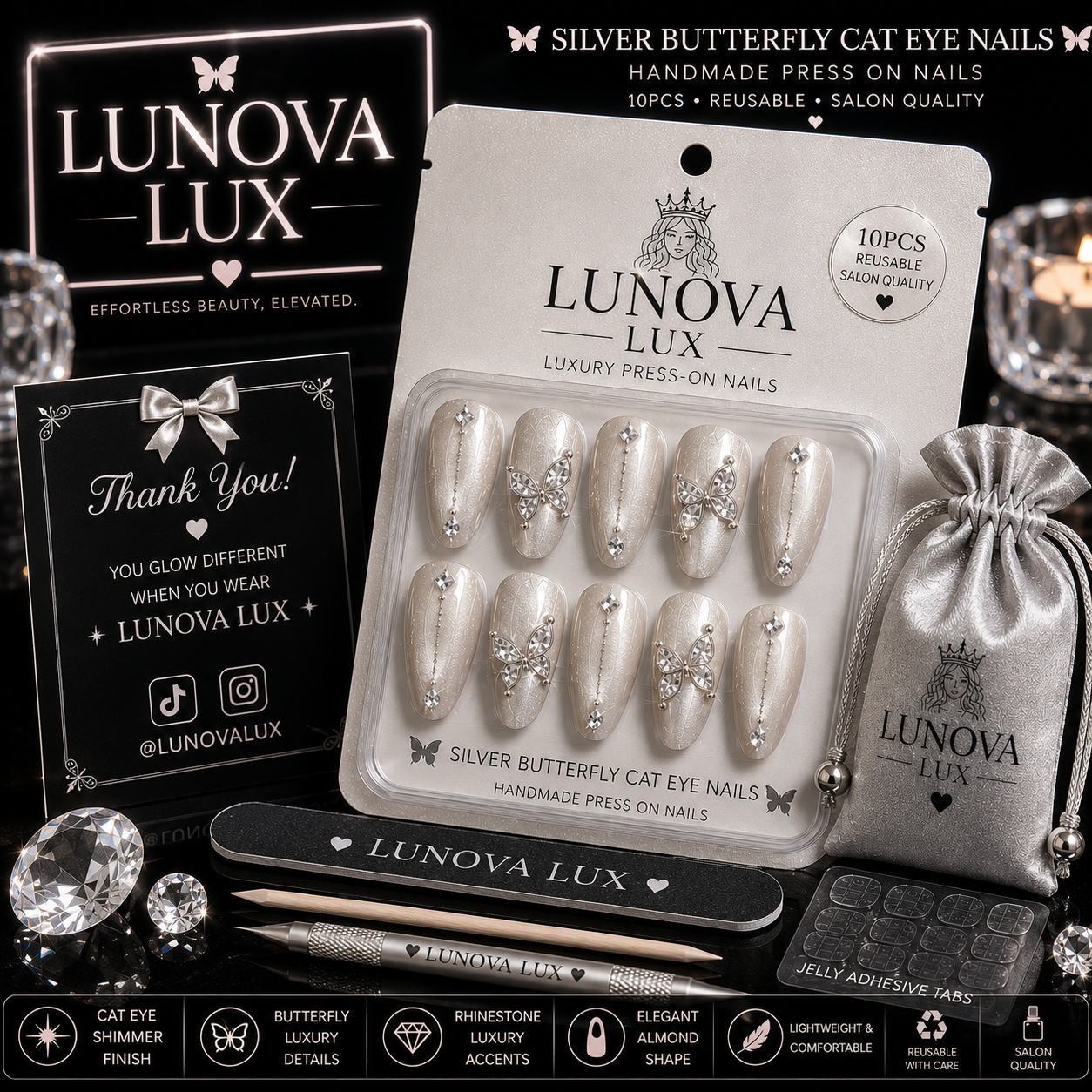 Silver Butterfly Cat Eye Nails