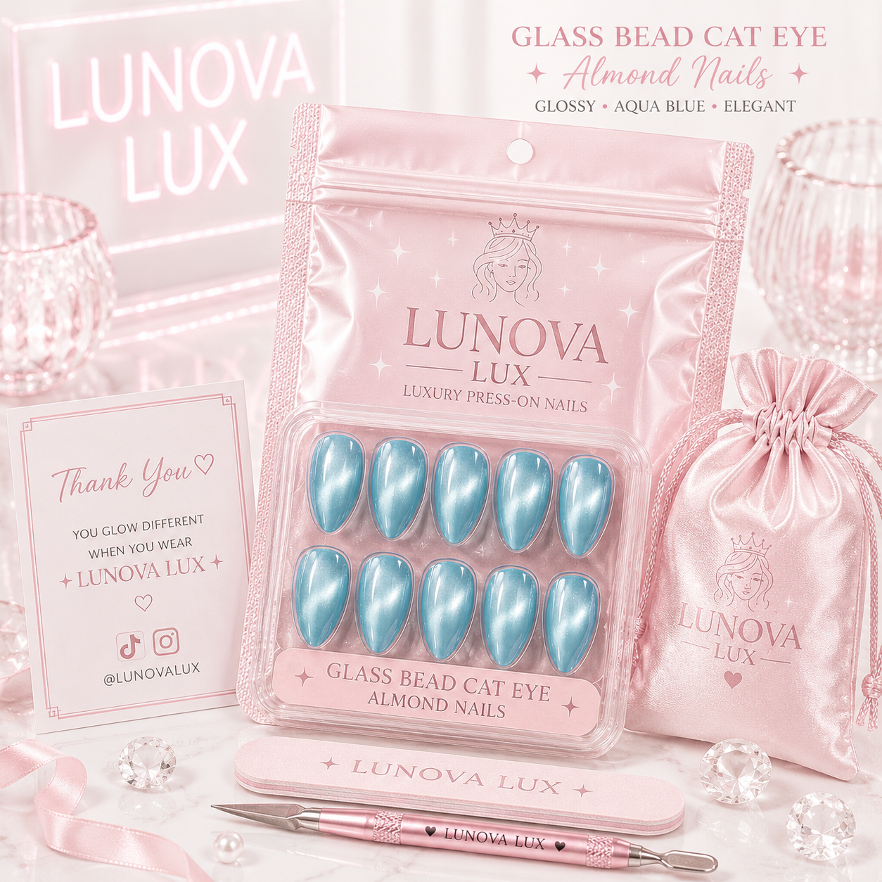 Glass Bead Cat Eye Almond Nails