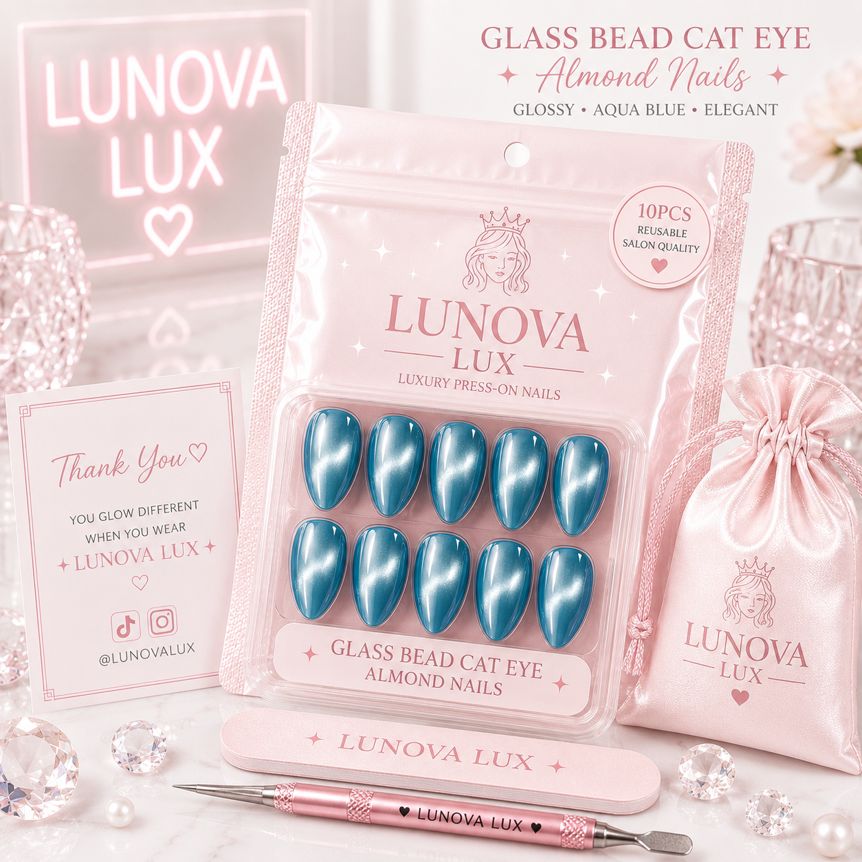 Glass Bead Cat Eye Almond Nails