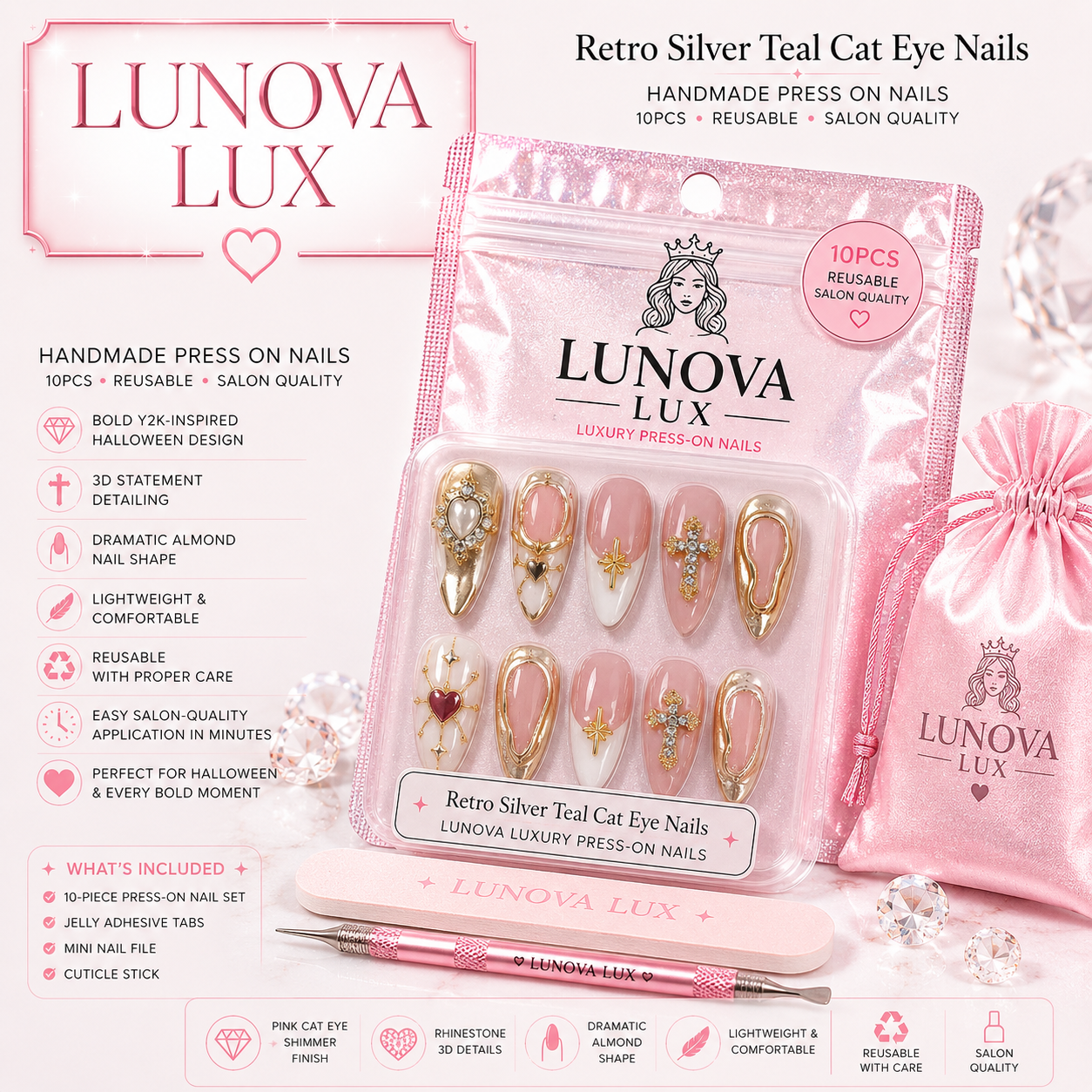 Retro Silver Teal Cat Eye Nails