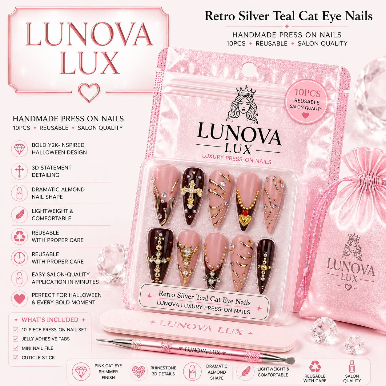 Retro Silver Teal Cat Eye Nails