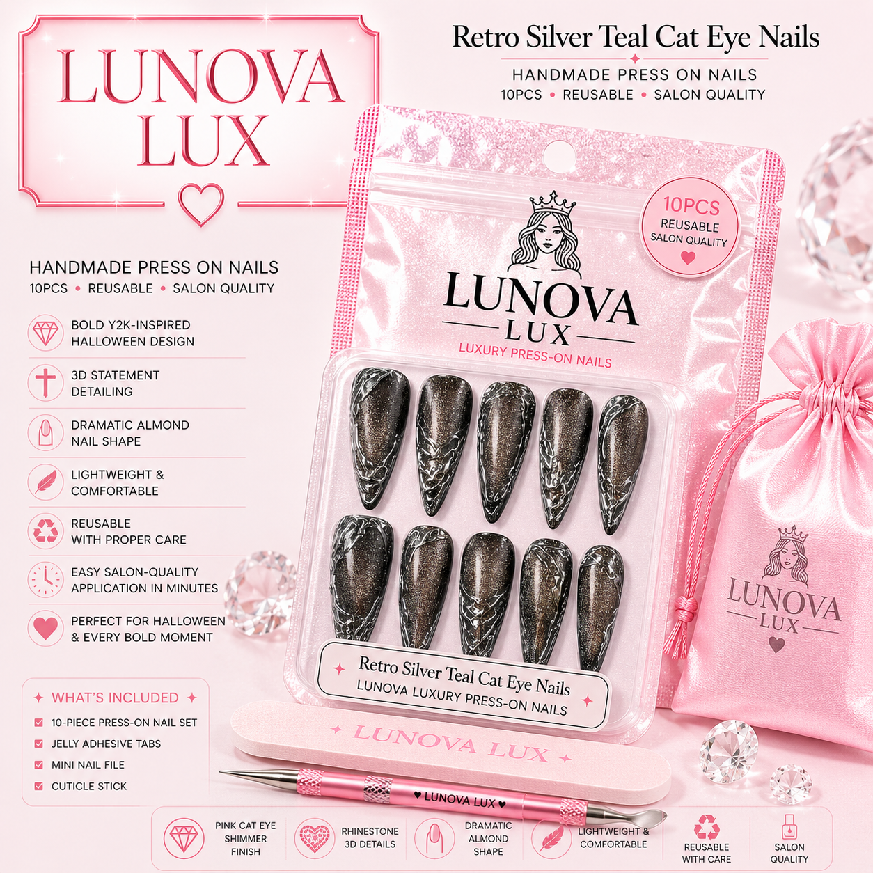 Retro Silver Teal Cat Eye Nails
