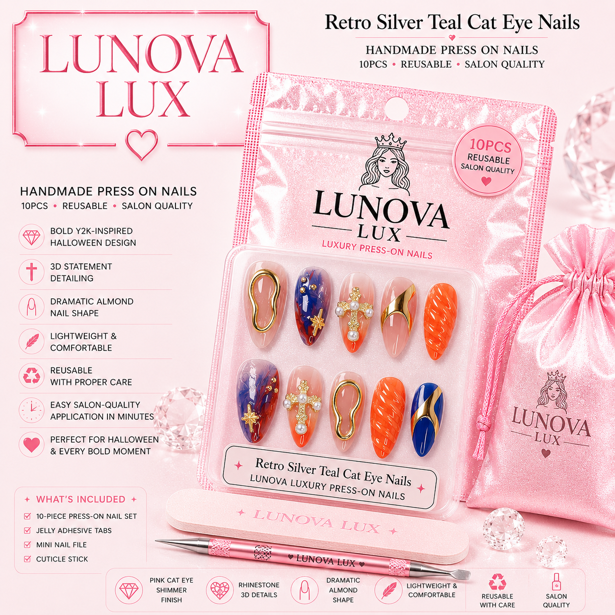 Retro Silver Teal Cat Eye Nails