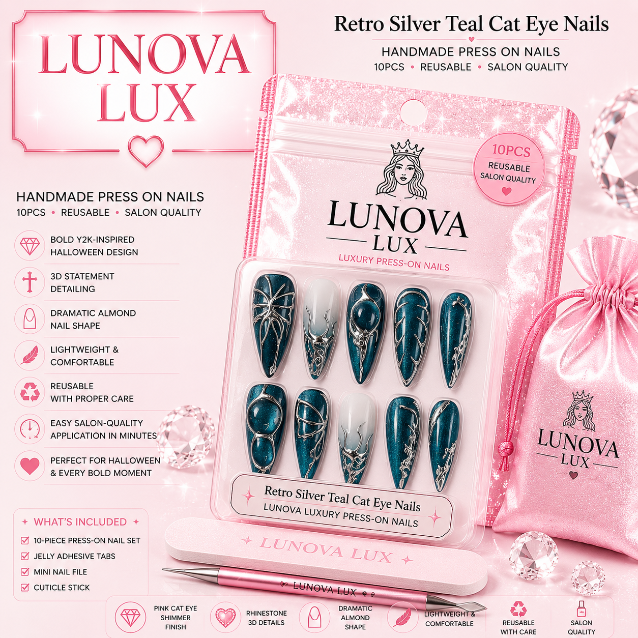 Retro Silver Teal Cat Eye Nails
