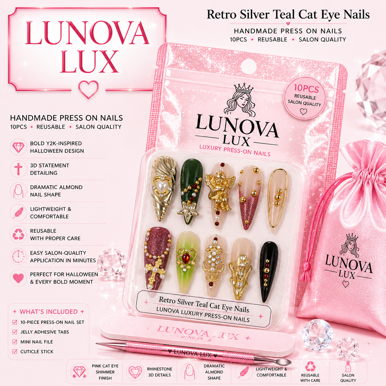 Retro Silver Teal Cat Eye Nails