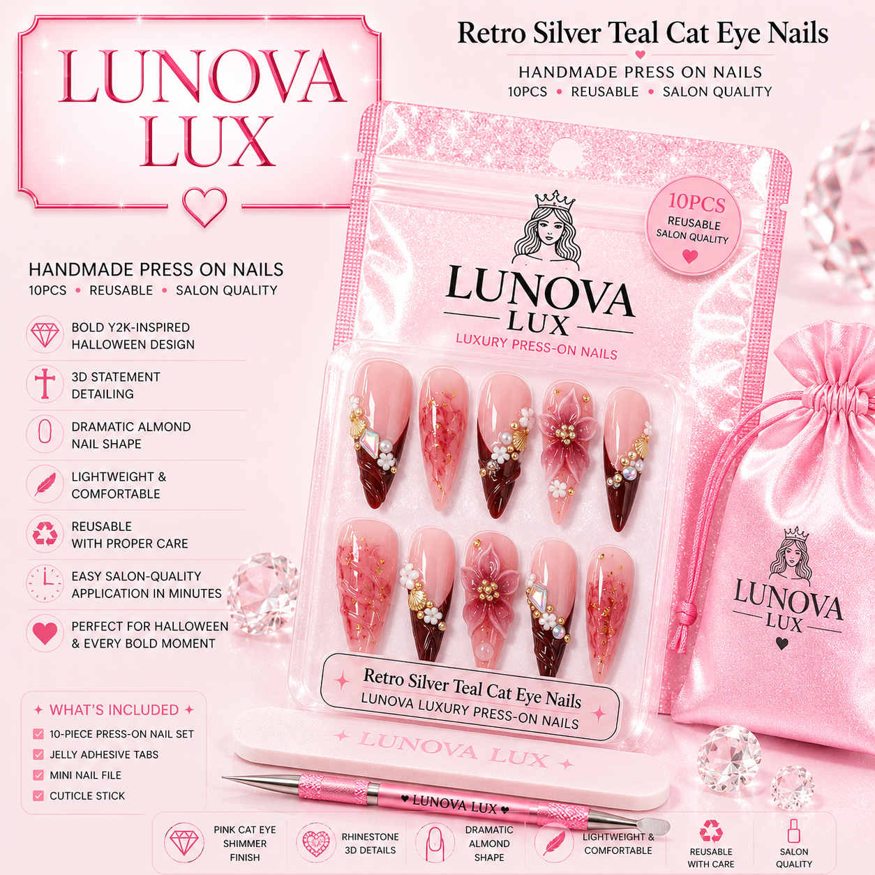 Retro Silver Teal Cat Eye Nails