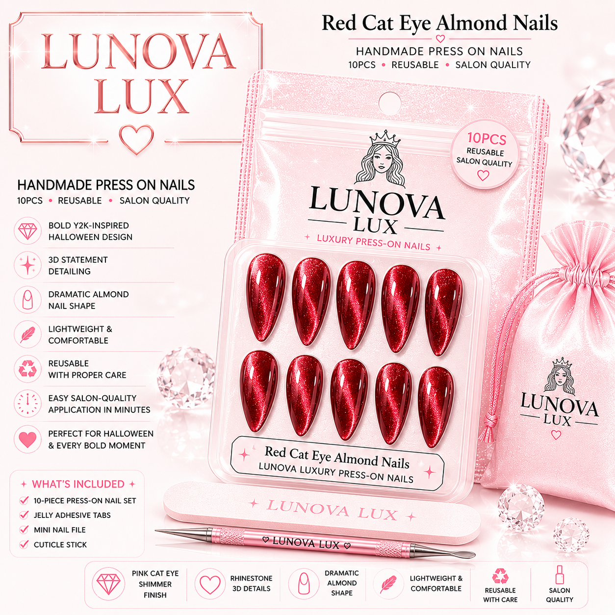 Red Cat Eye Almond Nails