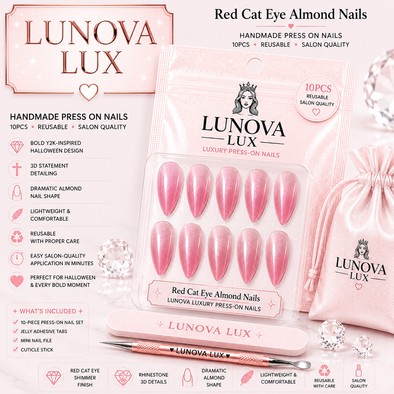 Red Cat Eye Almond Nails