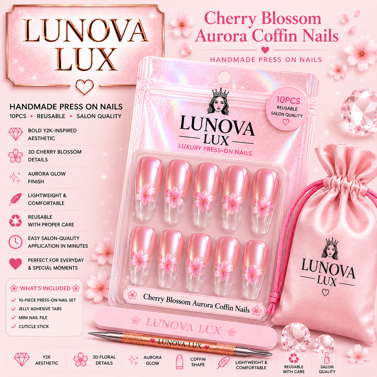 Cherry Blossom Aurora Coffin Nails