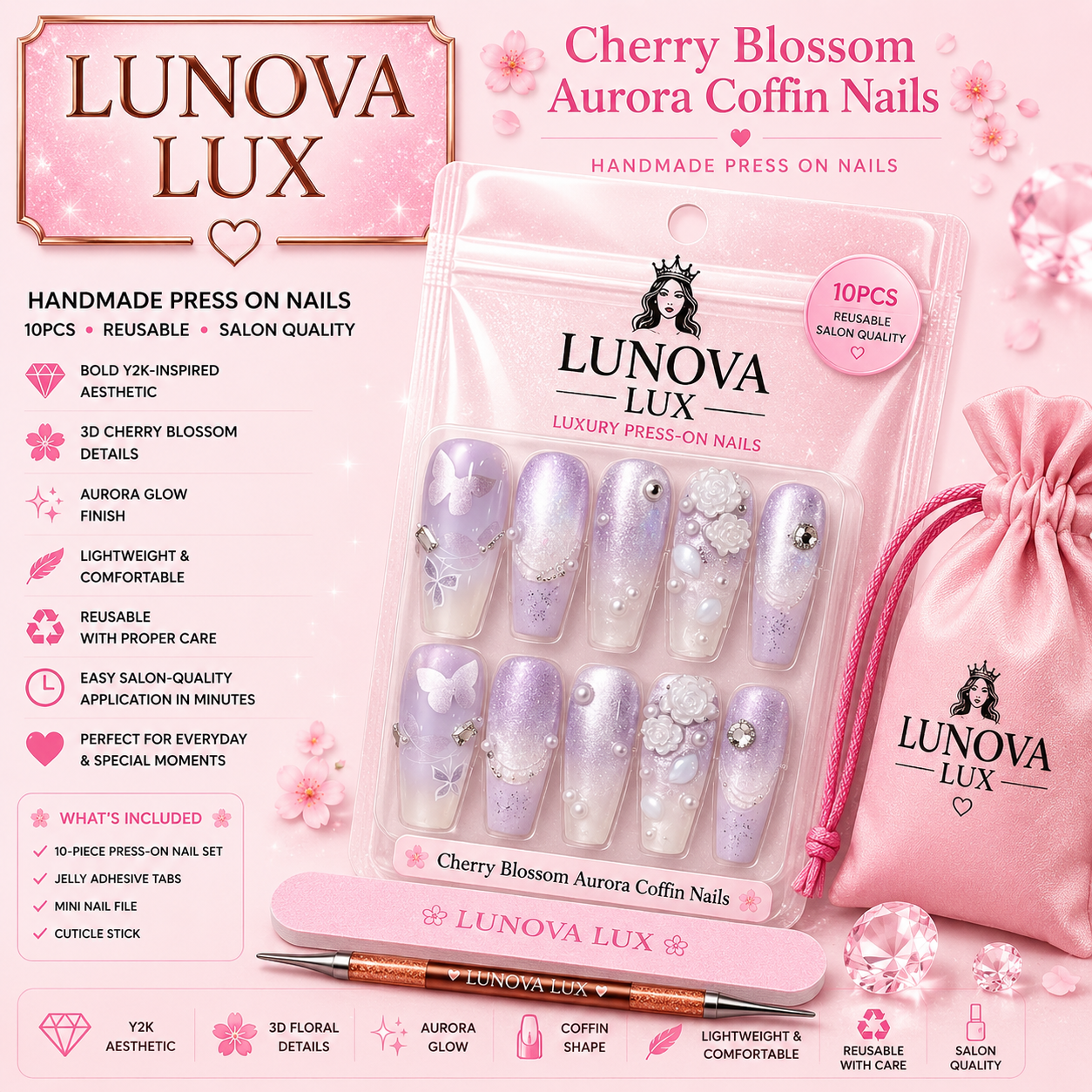 Cherry Blossom Aurora Coffin Nails