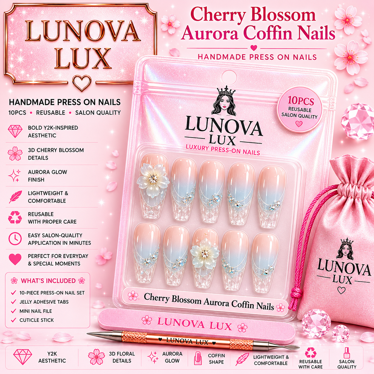 Cherry Blossom Aurora Coffin Nails