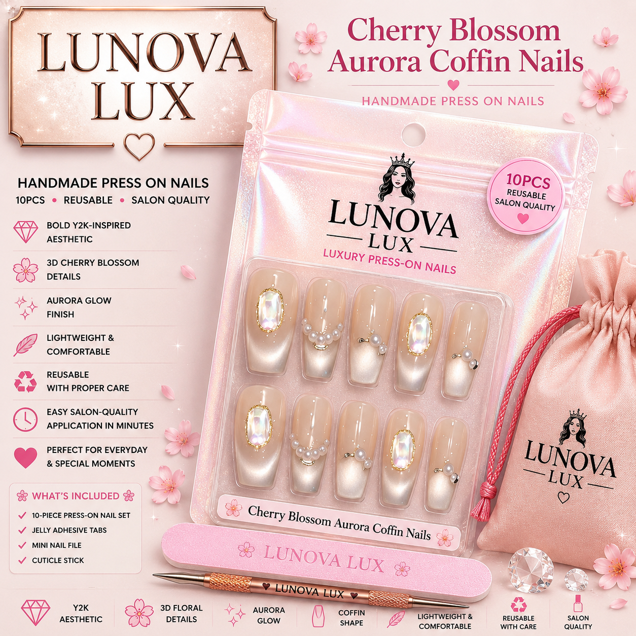 Cherry Blossom Aurora Coffin Nails