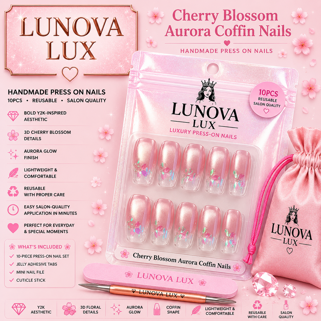 Cherry Blossom Aurora Coffin Nails