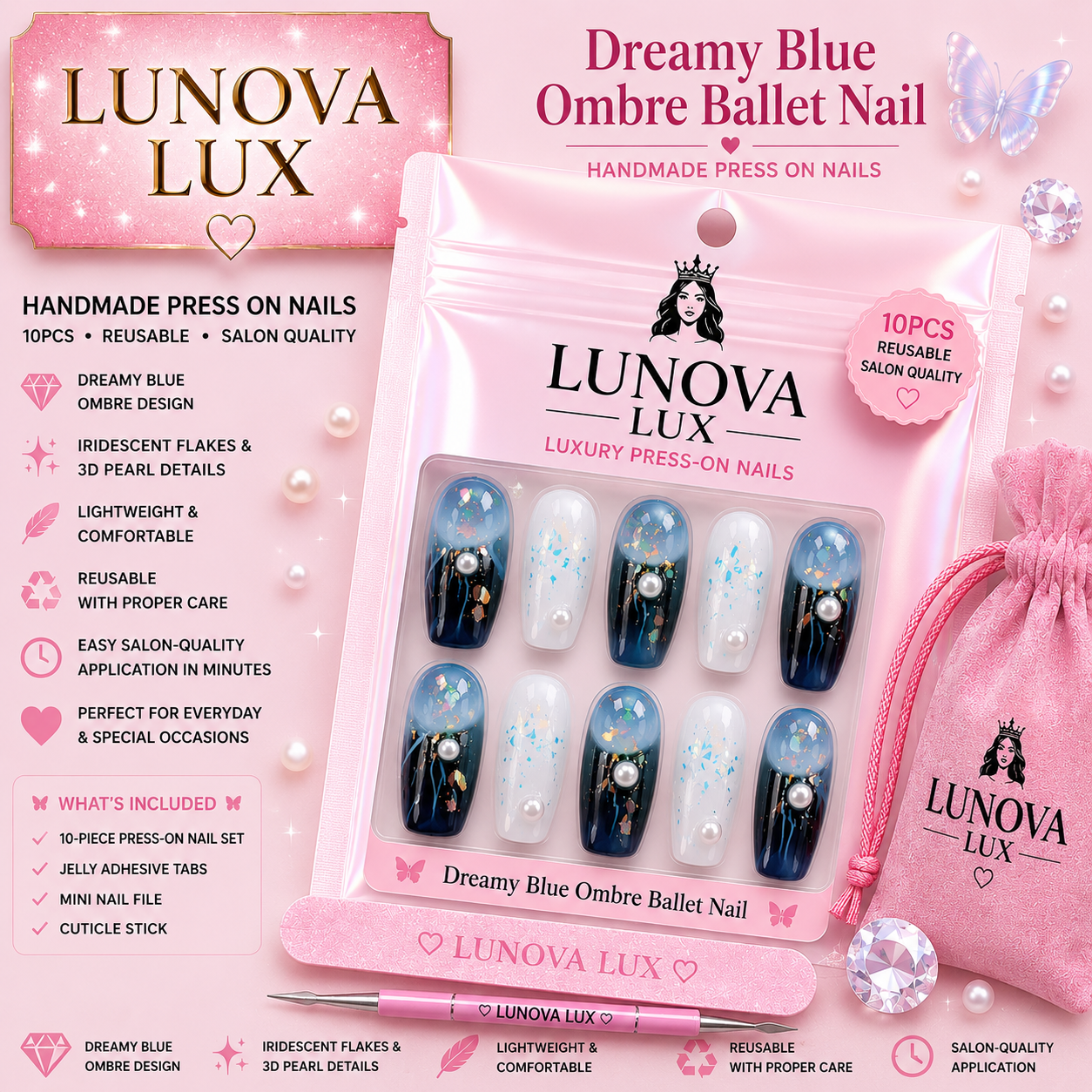 Dreamy Blue Ombre Ballet Nail