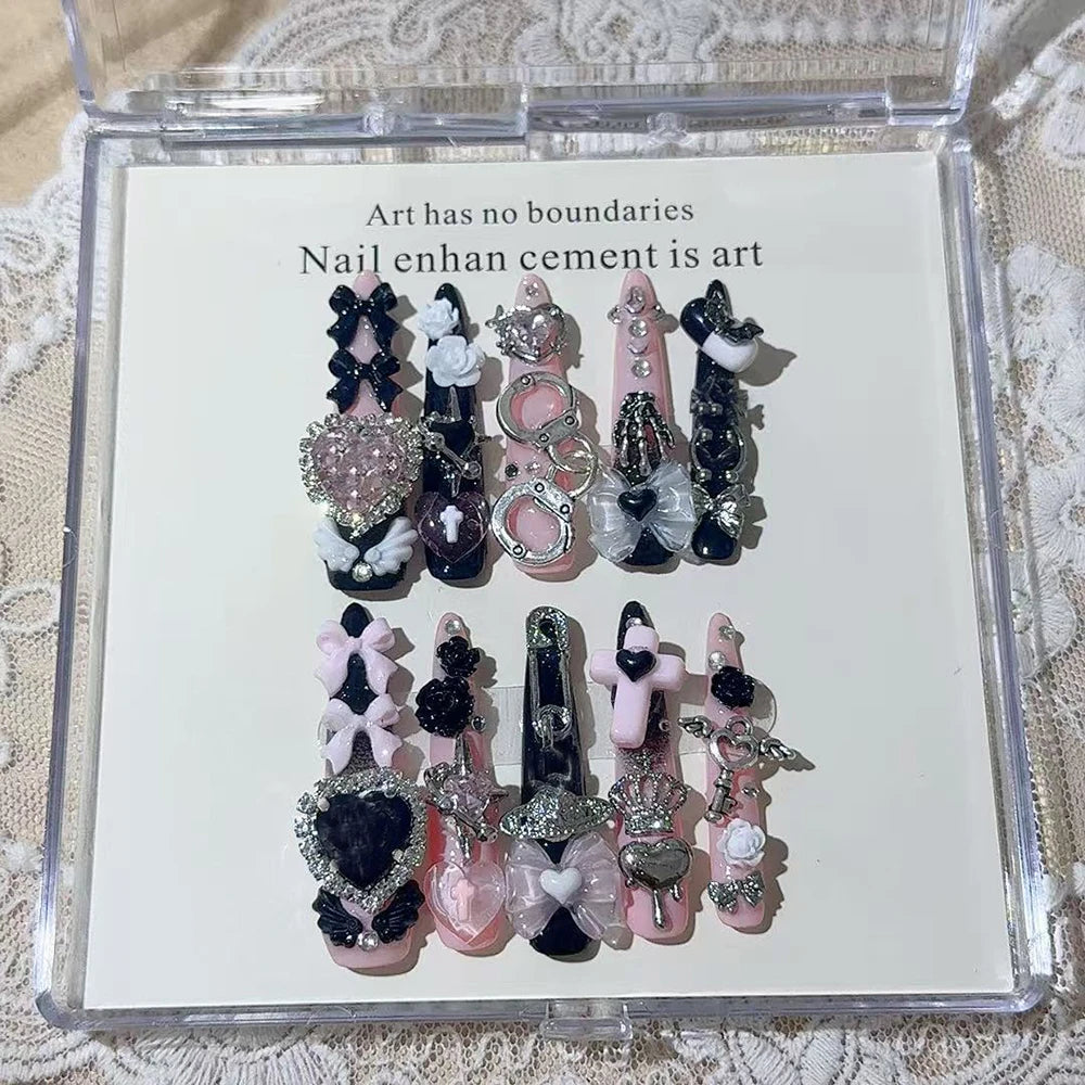 Y2K Punk Metal Bow Long Coffin Press-On Nails