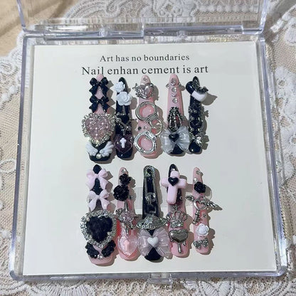 Y2K Punk Metal Bow Long Coffin Press-On Nails