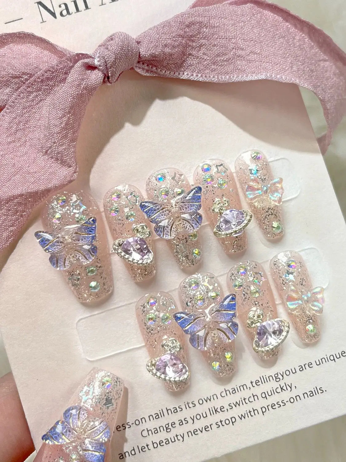 Planet Butterfly Glitter Press-On Nails
