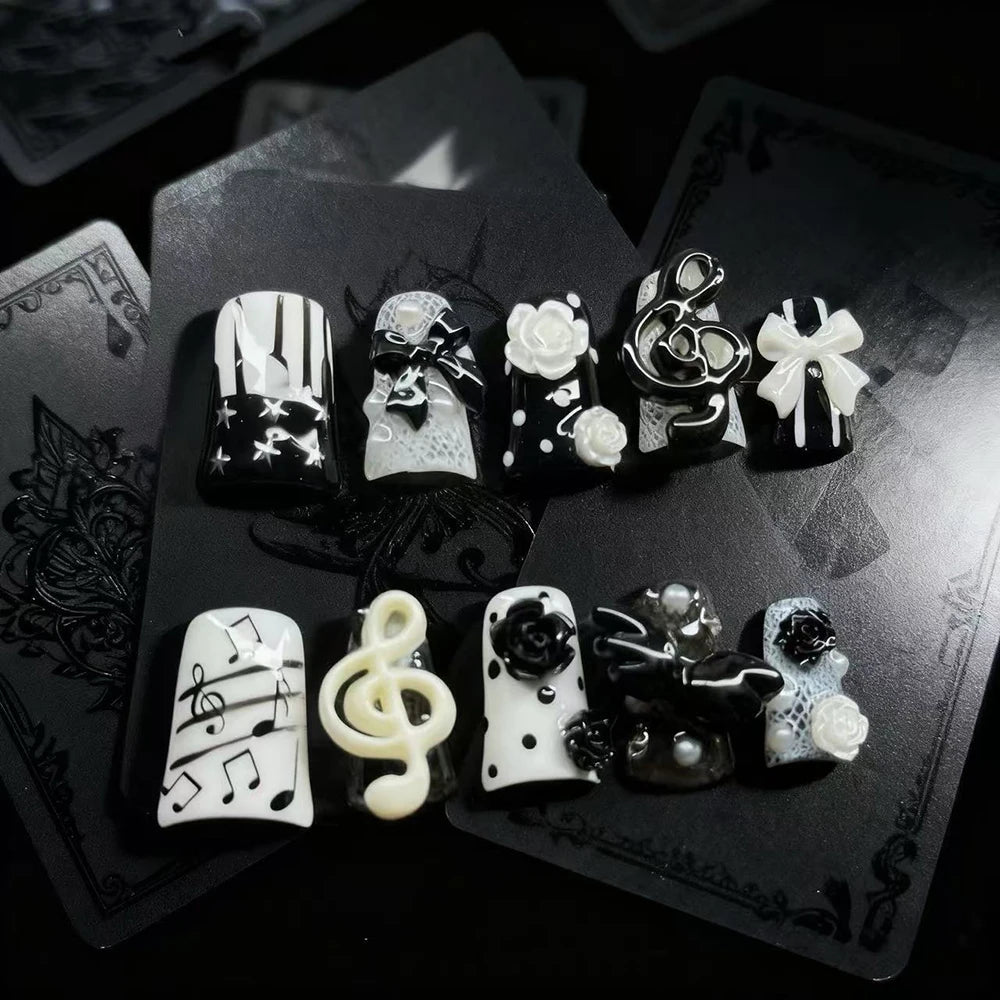 Y2K Punk Metal Bow Long Coffin Press-On Nails