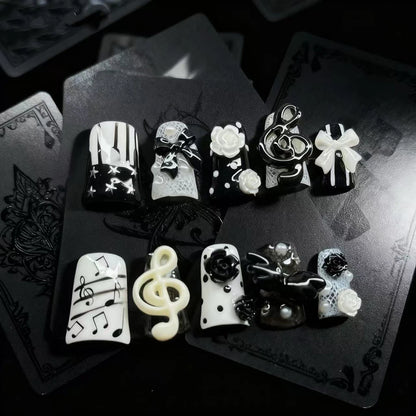 Y2K Punk Metal Bow Long Coffin Press-On Nails