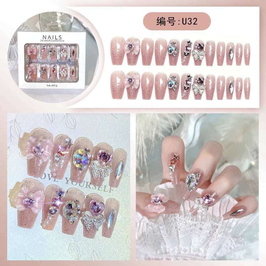 Pink Moon Star Rhinestone Long Coffin Press-On Nails
