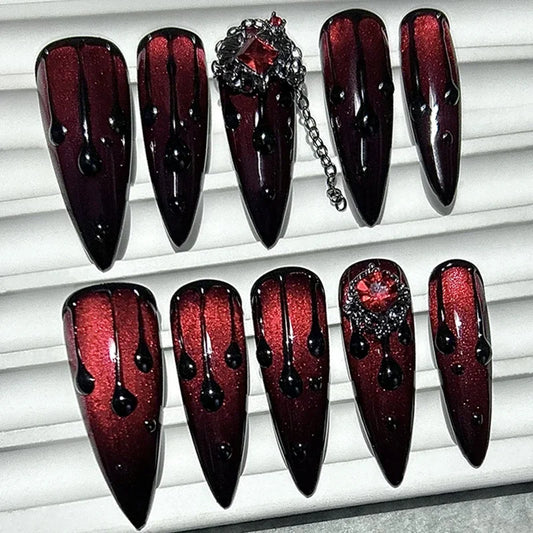 Dark Blood Red Cat Eye Long Press-On Nails