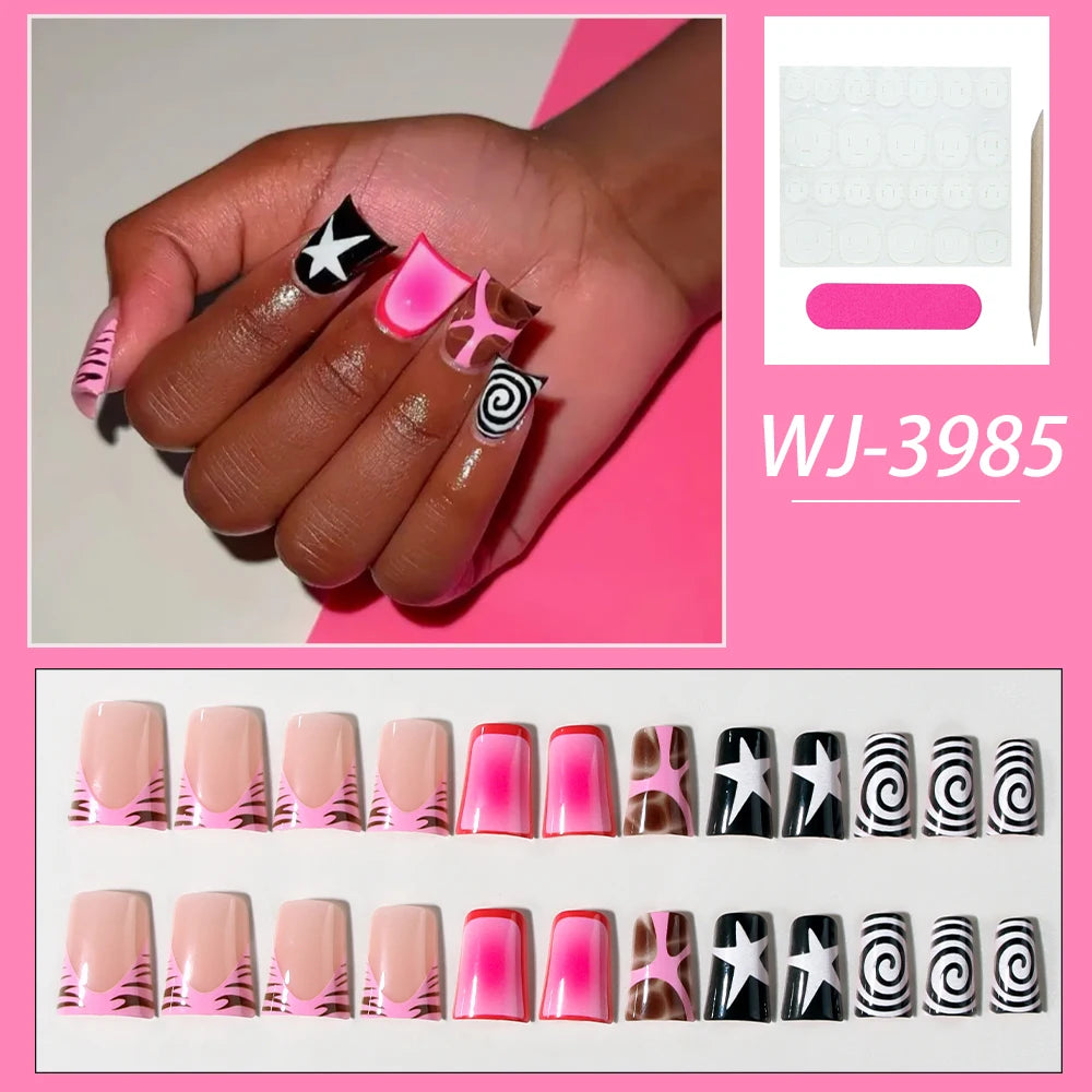 Black French Cross Long Duck Press-On Nails