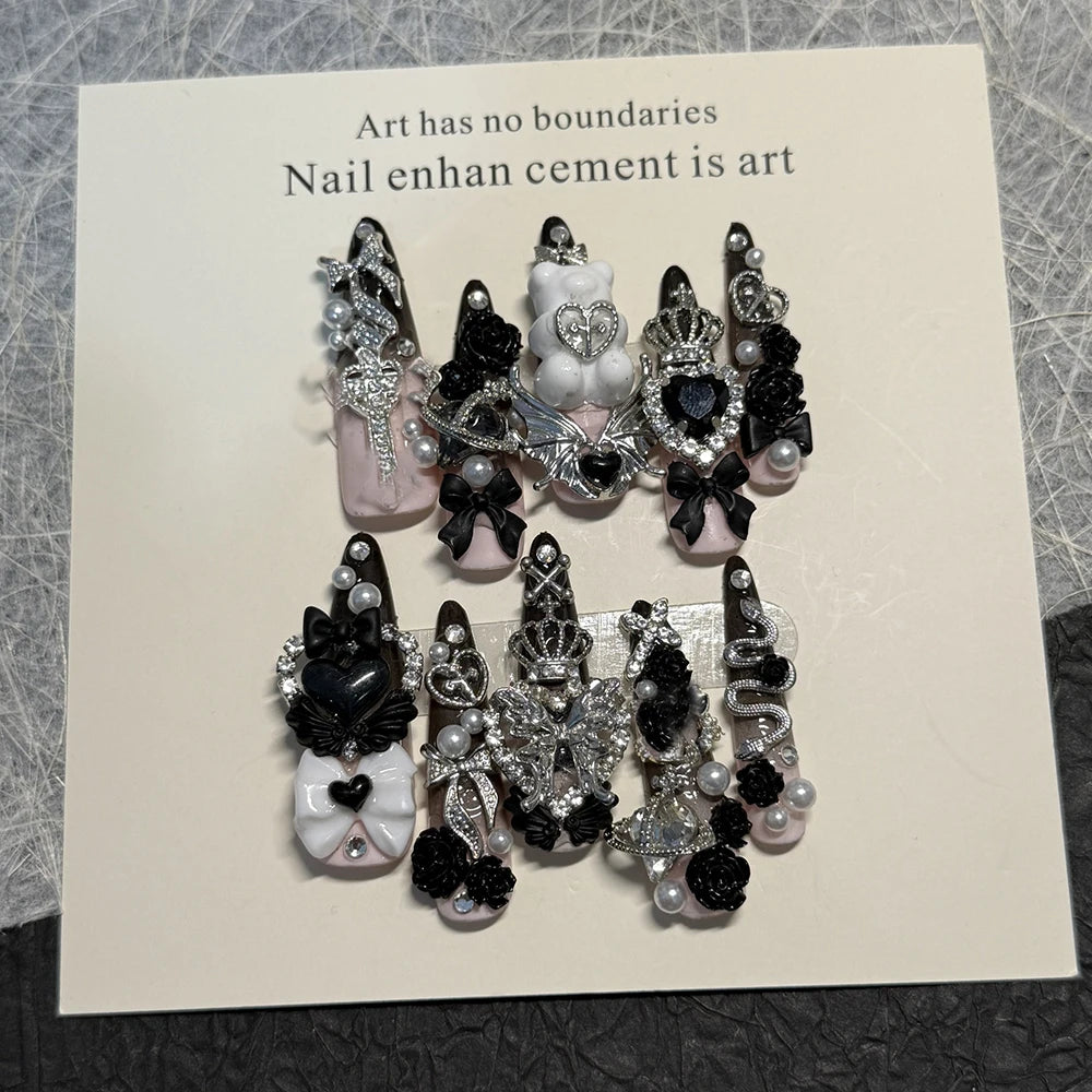 Y2K Punk Metal Bow Long Coffin Press-On Nails