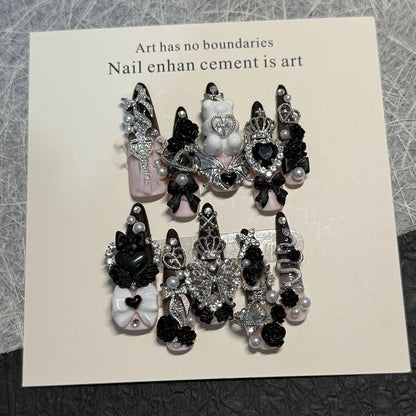 Y2K Punk Metal Bow Long Coffin Press-On Nails