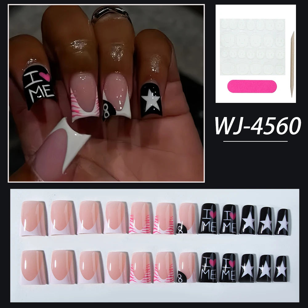 Black French Cross Long Duck Press-On Nails