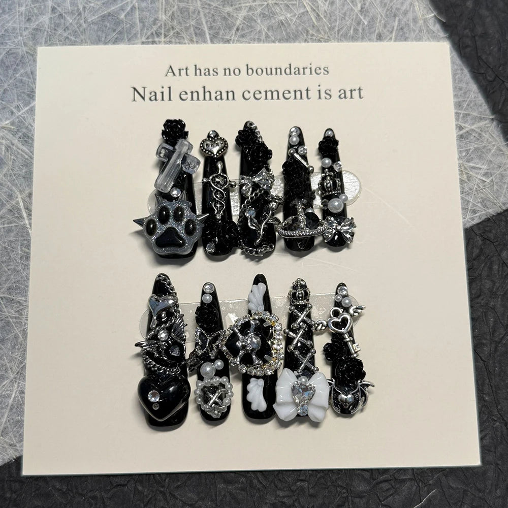 Y2K Punk Metal Bow Long Coffin Press-On Nails