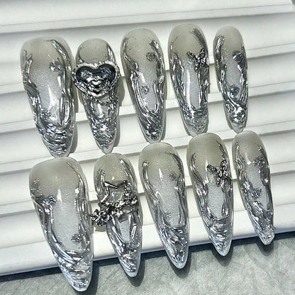 Gradient Silver Vine Heart Long Press-On Nails