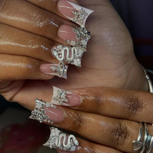 Black French Cross Long Duck Press-On Nails