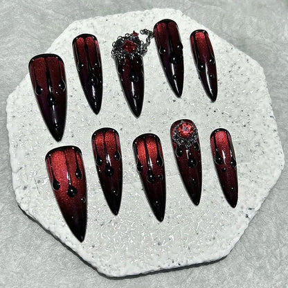 Dark Blood Red Cat Eye Long Press-On Nails