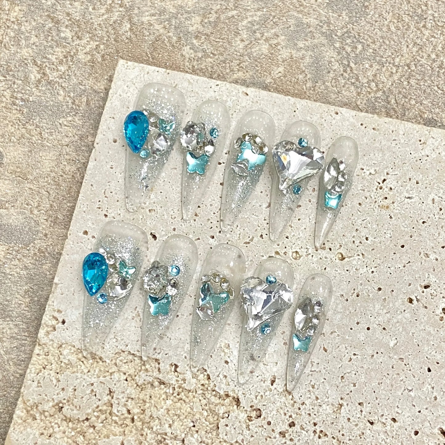 Blue Diamond Long Stiletto Press-On Nails
