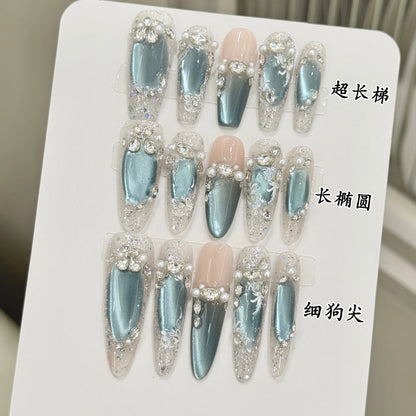 Ice Blue Crystal Cat Eye Pearl Press-On Nails