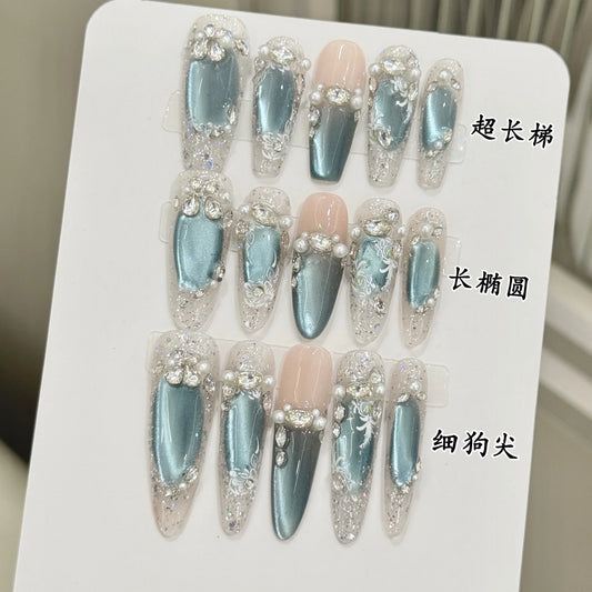 Ice Blue Crystal Cat Eye Pearl Press-On Nails