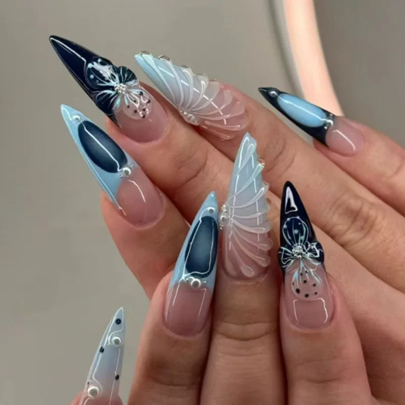 Blue Cat Eye Long Stiletto Press-On Nails