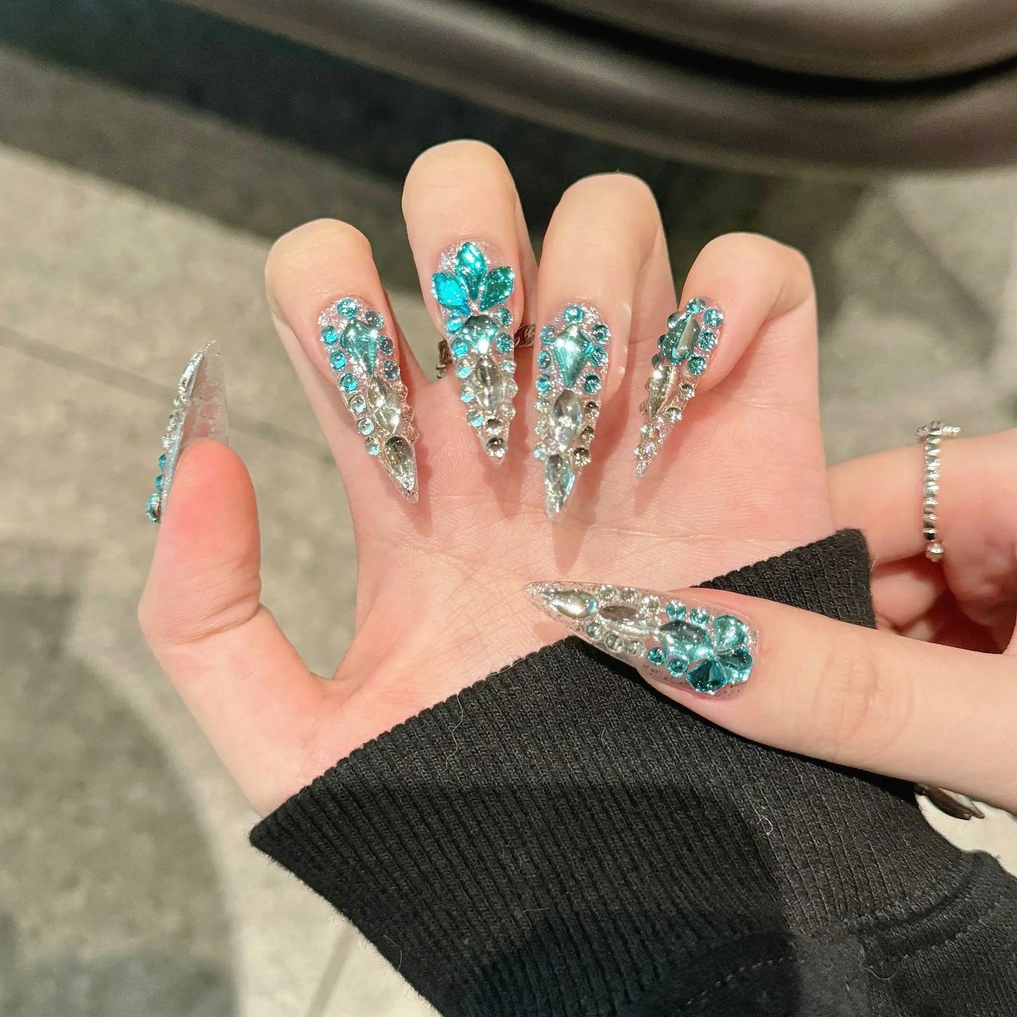 Blue Diamond French Stiletto Nails