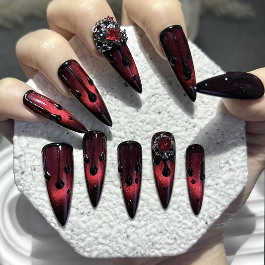 Blood Red Cat Eye Stiletto Nails