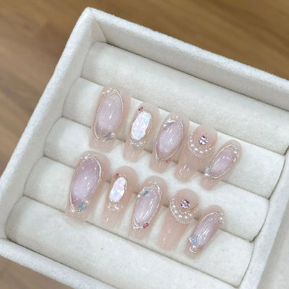 Blue Ocean Moon Rhinestone Long Ballet Press-On Nails