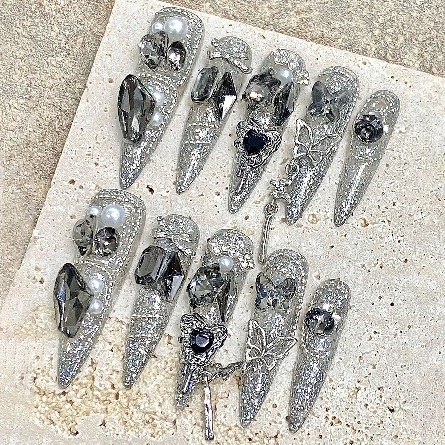 Blue Diamond Long Stiletto Press-On Nails
