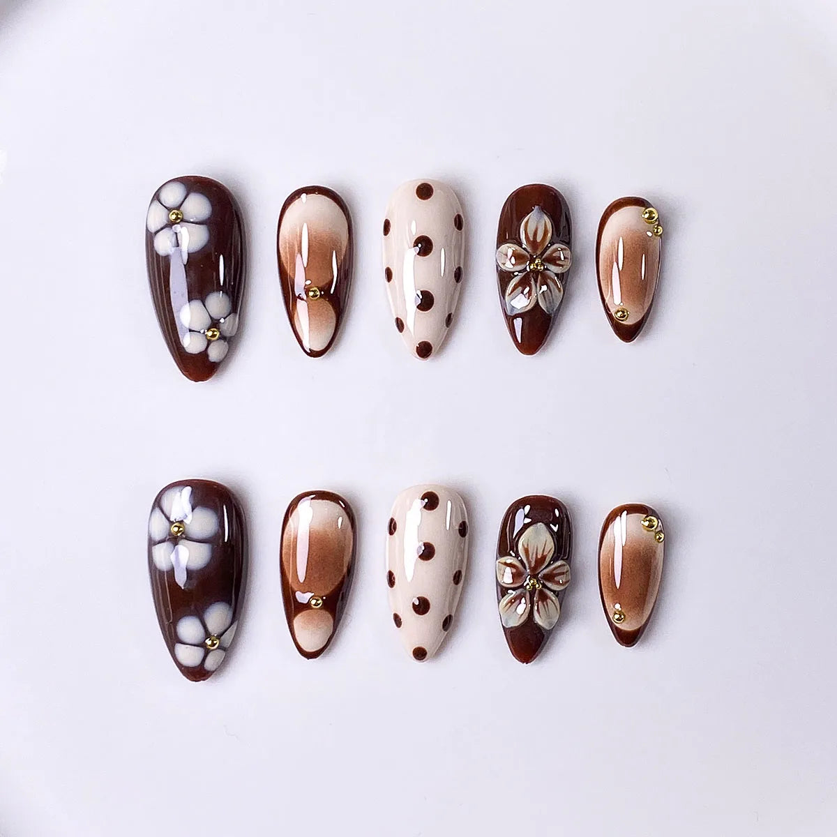 Mocha Blossom Almond Nails