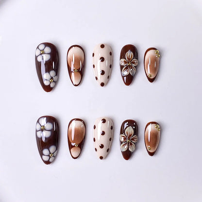 Brown Three-Flower Handmade Press-On Nails