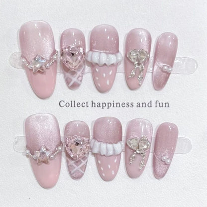 Pink Rhinestone Sweet Almond Press-On Nails