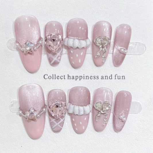 Pink Rhinestone Sweet Almond Press-On Nails